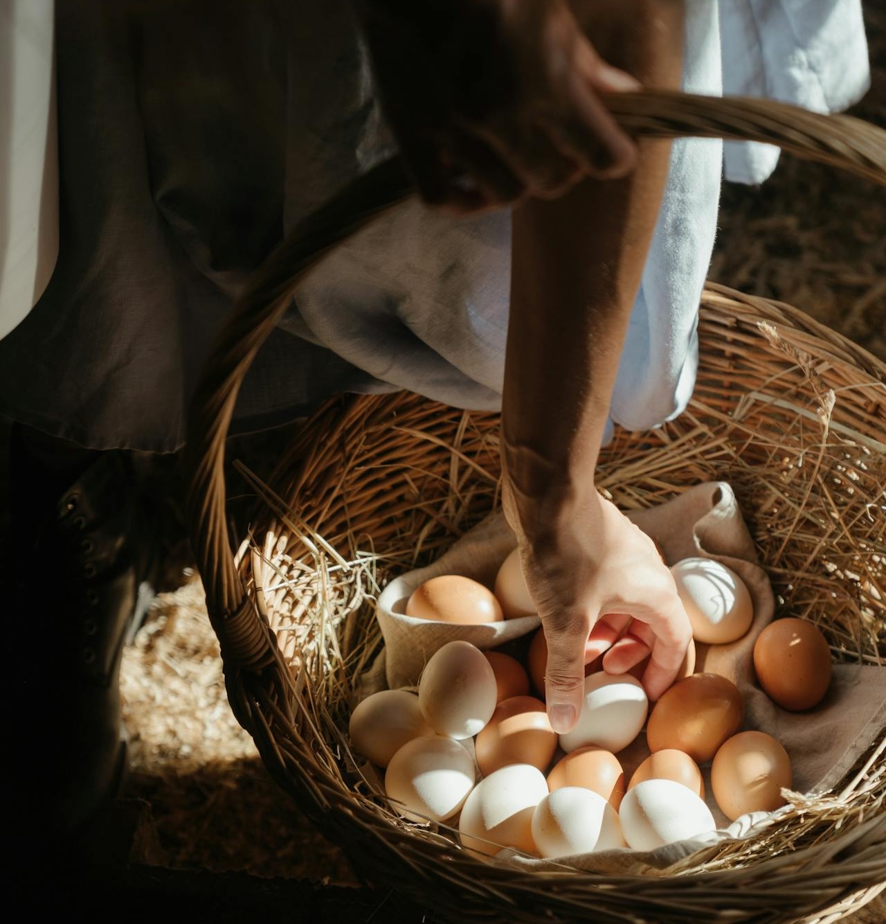 Hand reaching into a wicker basket filled with brown and white eggs, illustrating egg collection on a farm, relevant to tracking poultry production with FarmKeep.
