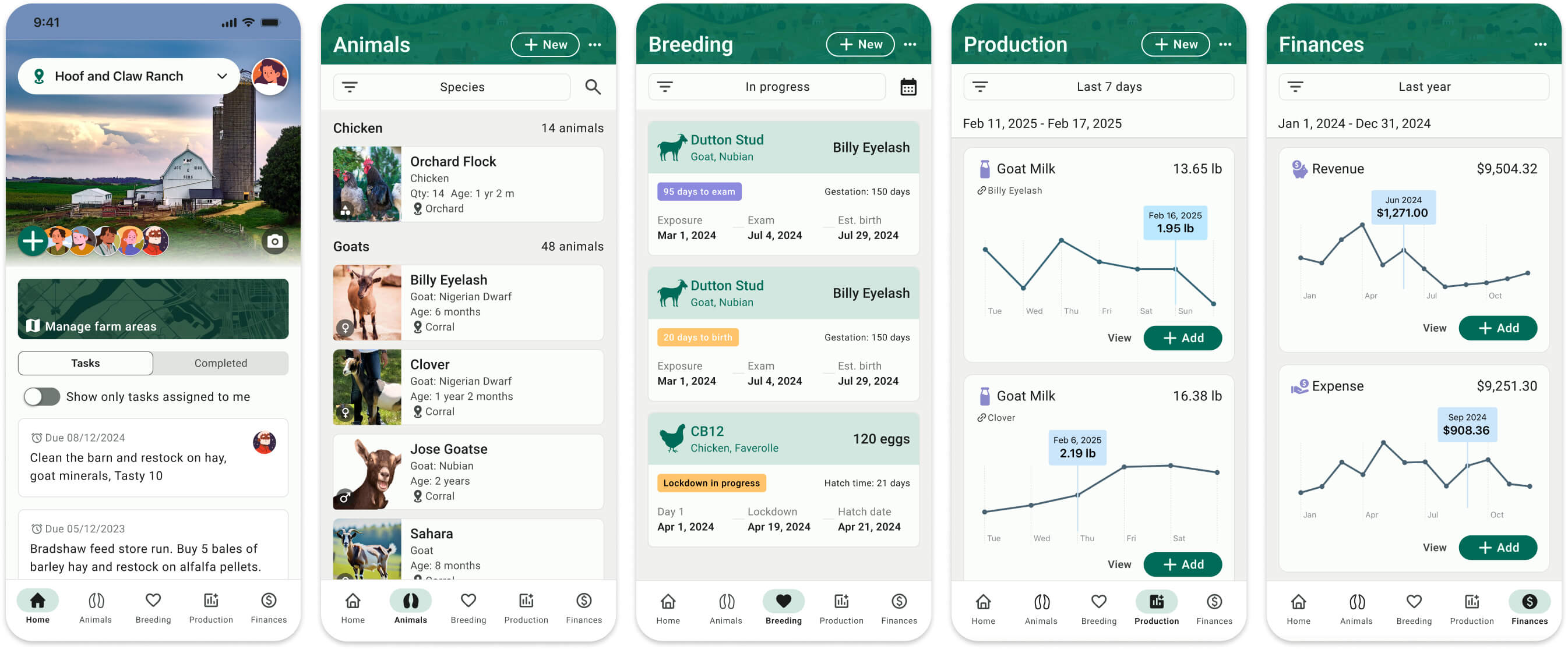 Goat management app interface showcasing herd health tracking, breeding cycles, and production metrics for dairy and meat goats.