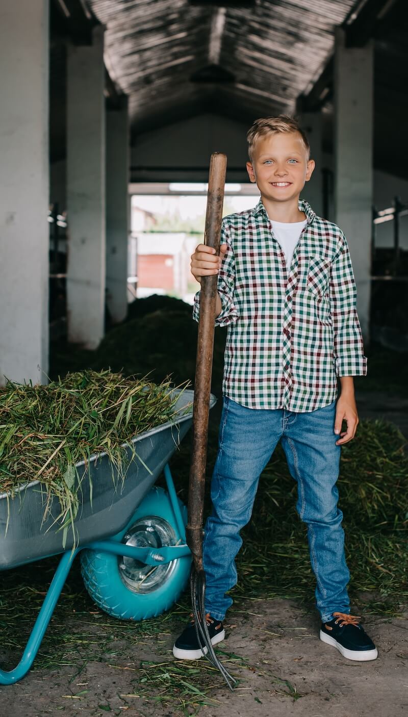 Smiling boy in plaid shirt holding a pitchfork standing next to a wheelbarrow filled with grass in a barn.
