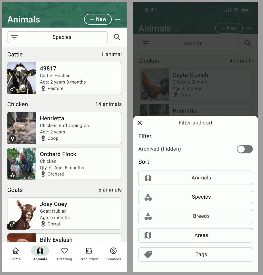 Livestock inventory management interface displaying animal profiles for cattle, chickens, and goats, with options to filter and sort by species, breed, and location in FarmKeep app.