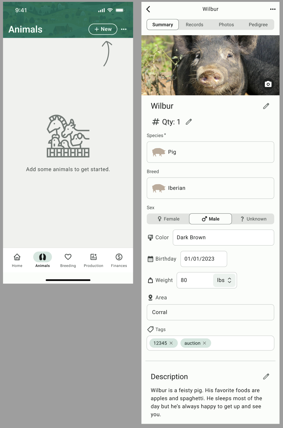 	 FarmKeep app interface displaying animal profile for a male Iberian pig named Wilbur, including fields for species, breed, color, birthday, weight, area, and description.