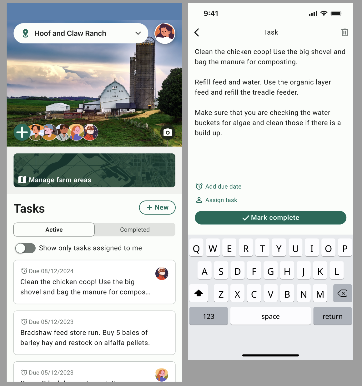 FarmKeep app interface displaying livestock management tasks, including cleaning the chicken coop and refilling feed, with a scenic ranch background.