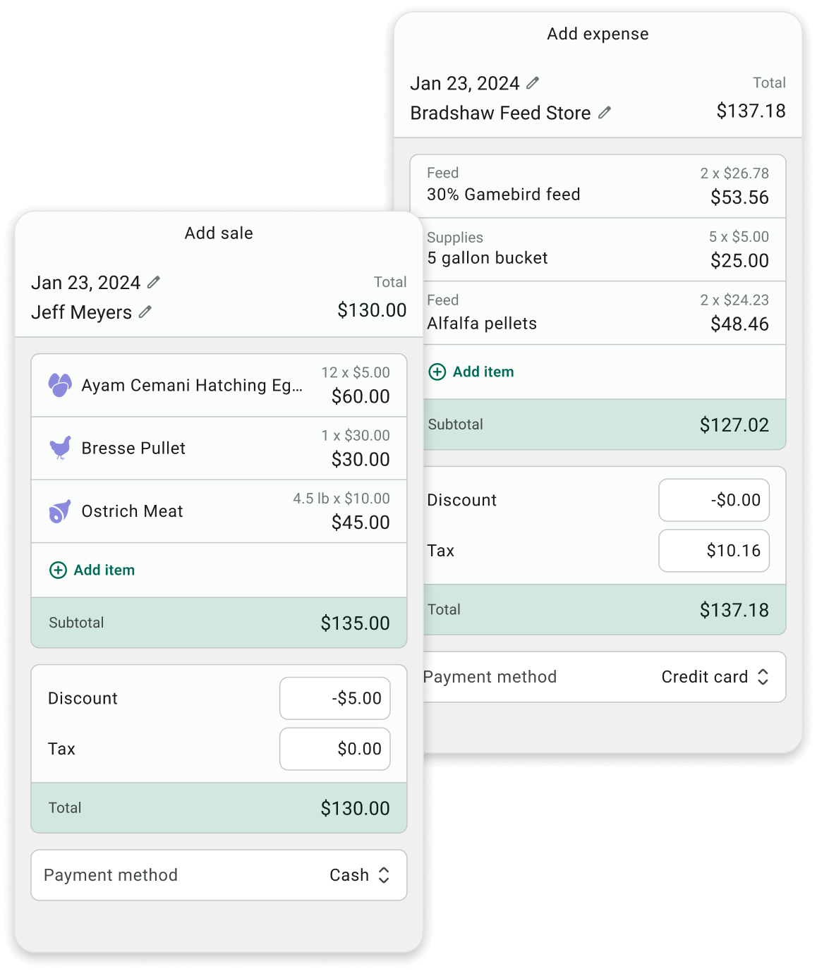 Dashboard interface of FarmKeep app displaying sales and expense entries, including totals, itemized costs for poultry and feed, and payment methods, emphasizing financial tracking for farmers.