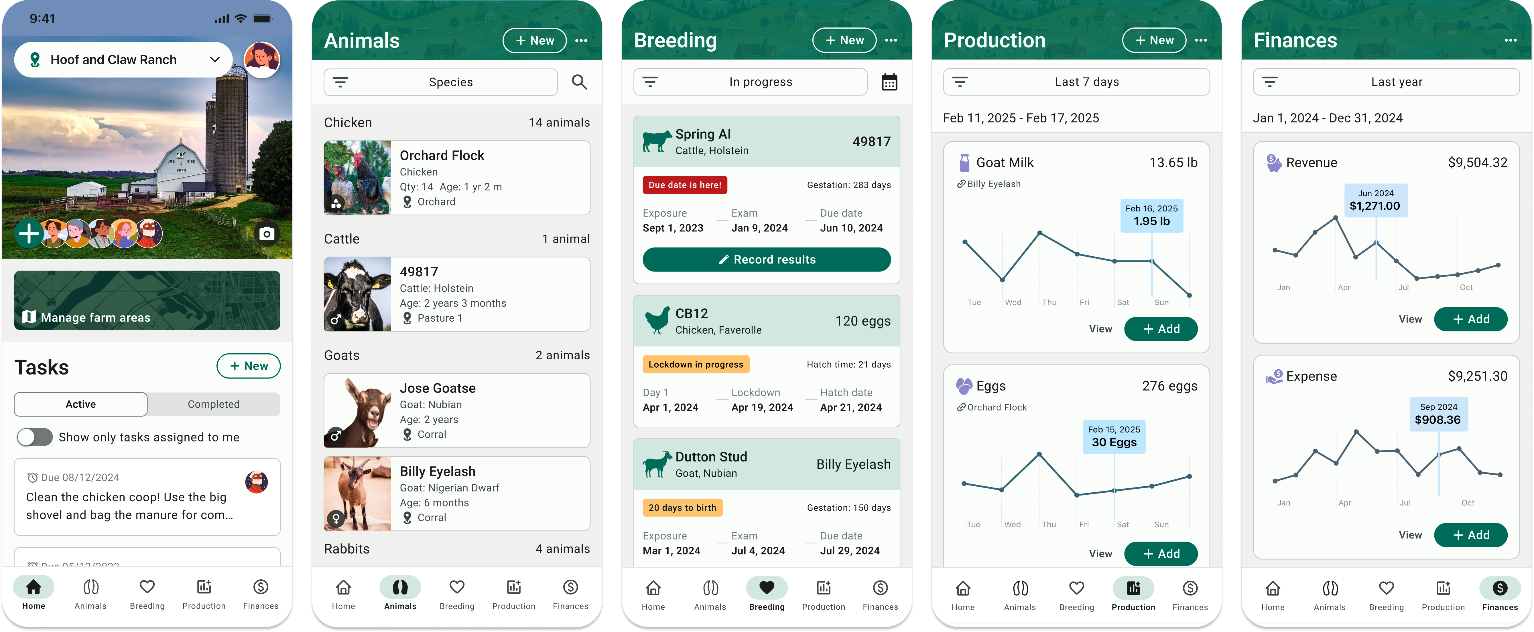 FarmKeep mobile app interface showcasing livestock management features, including animal tracking, breeding records, production metrics, and financial summaries for efficient farm management.
