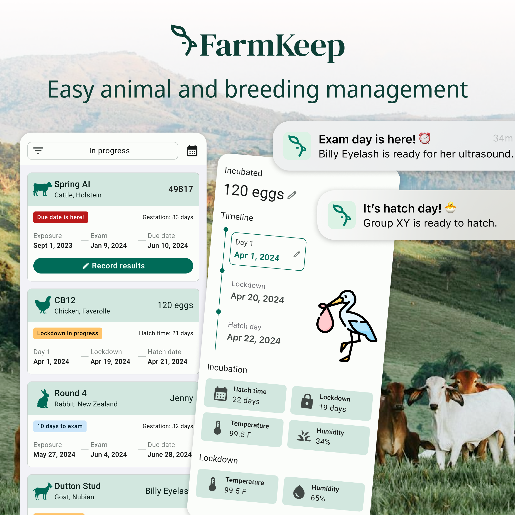 Screenshot showing how FarmKeep helps you track egg incubation activities with automatic incubation calculators