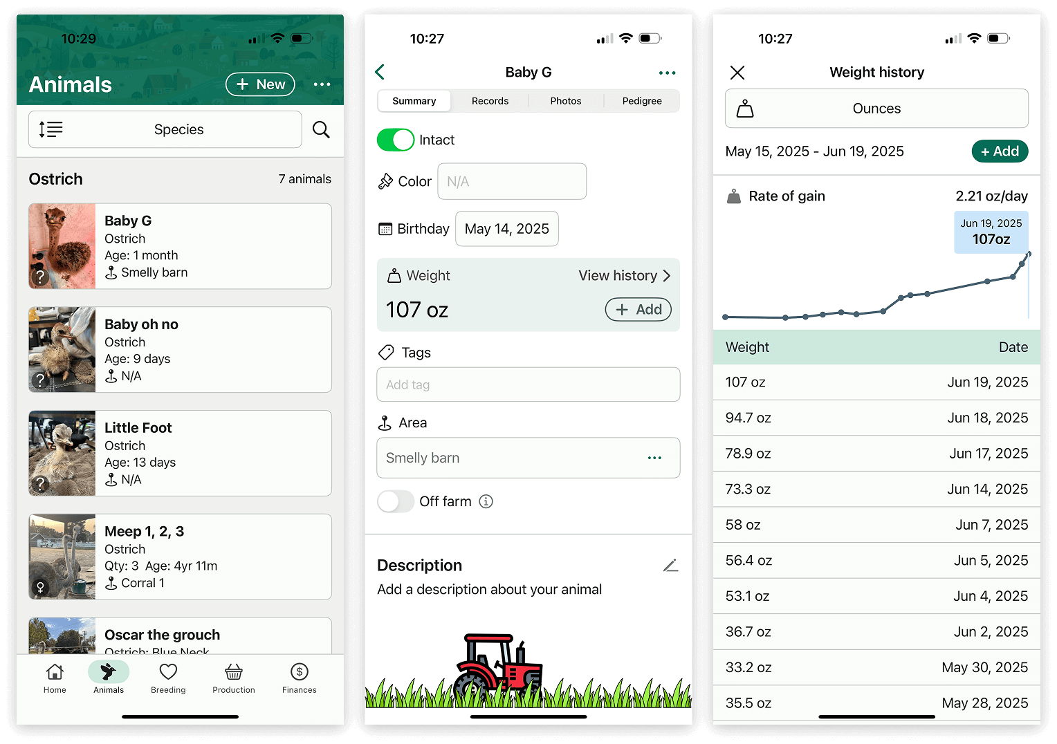 Screenshots of the FarmKeep app which helps farmers record and chart livestock weight history and calculate rate of gain.